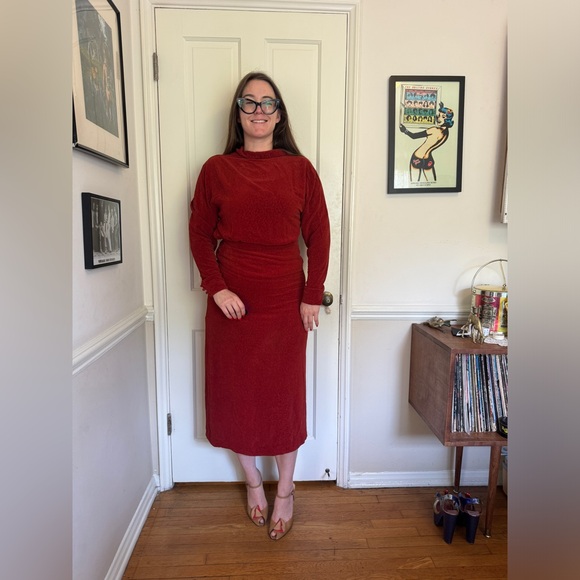 30s Vintage Orange  Velvet Long Sleeve Dress - Picture 4 of 12